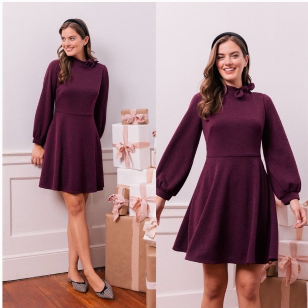 GAL MEETS GLAM Valentina Bow Detail Purple Sweater Dress Size 0